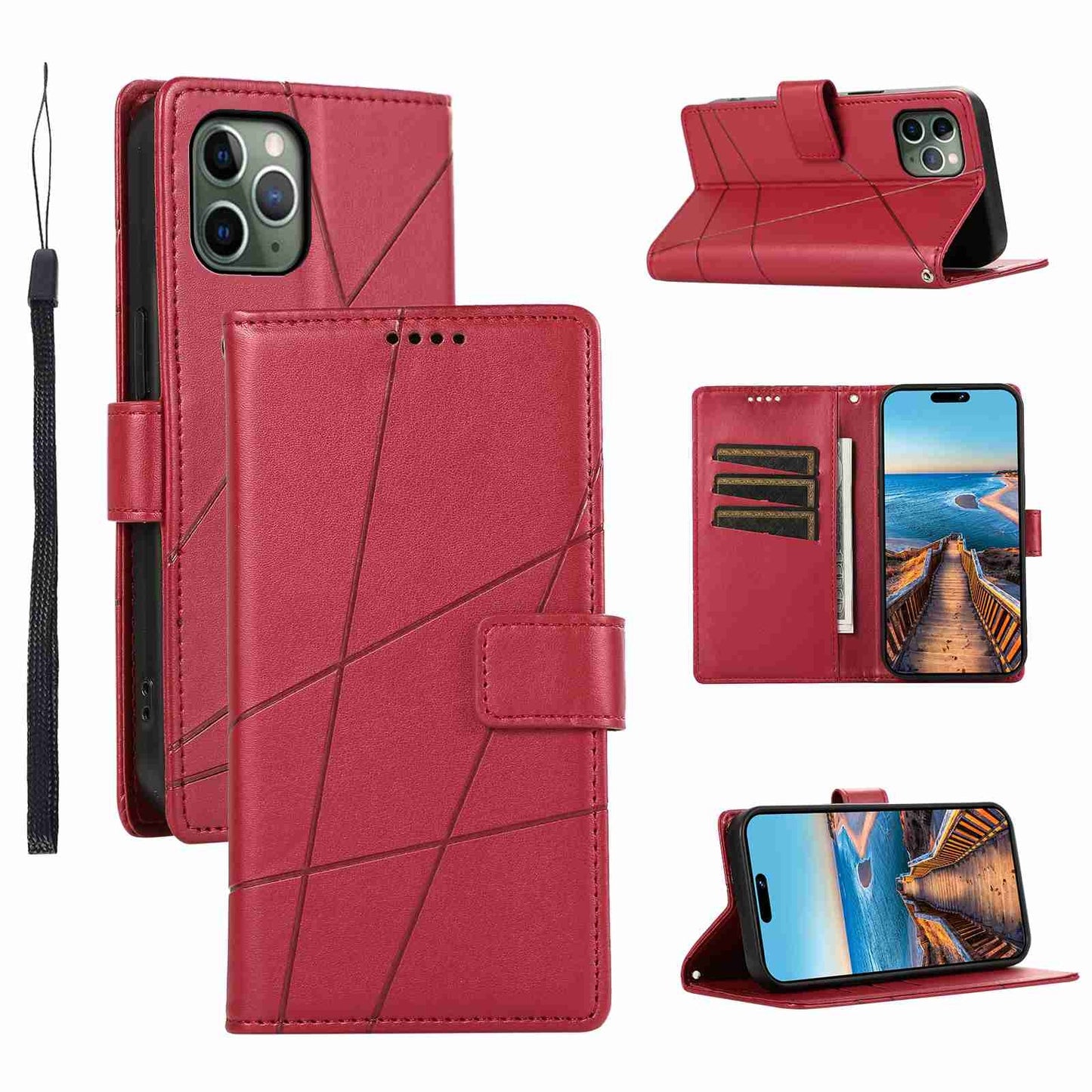 iPhone 11 Pro Max PU Genuine Leather Texture Embossed Line Phone Case with Card Wallet, Kickstand & Wrist Strap