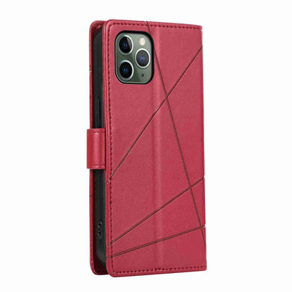 iPhone 11 Pro Max PU Genuine Leather Texture Embossed Line Phone Case with Card Wallet, Kickstand & Wrist Strap