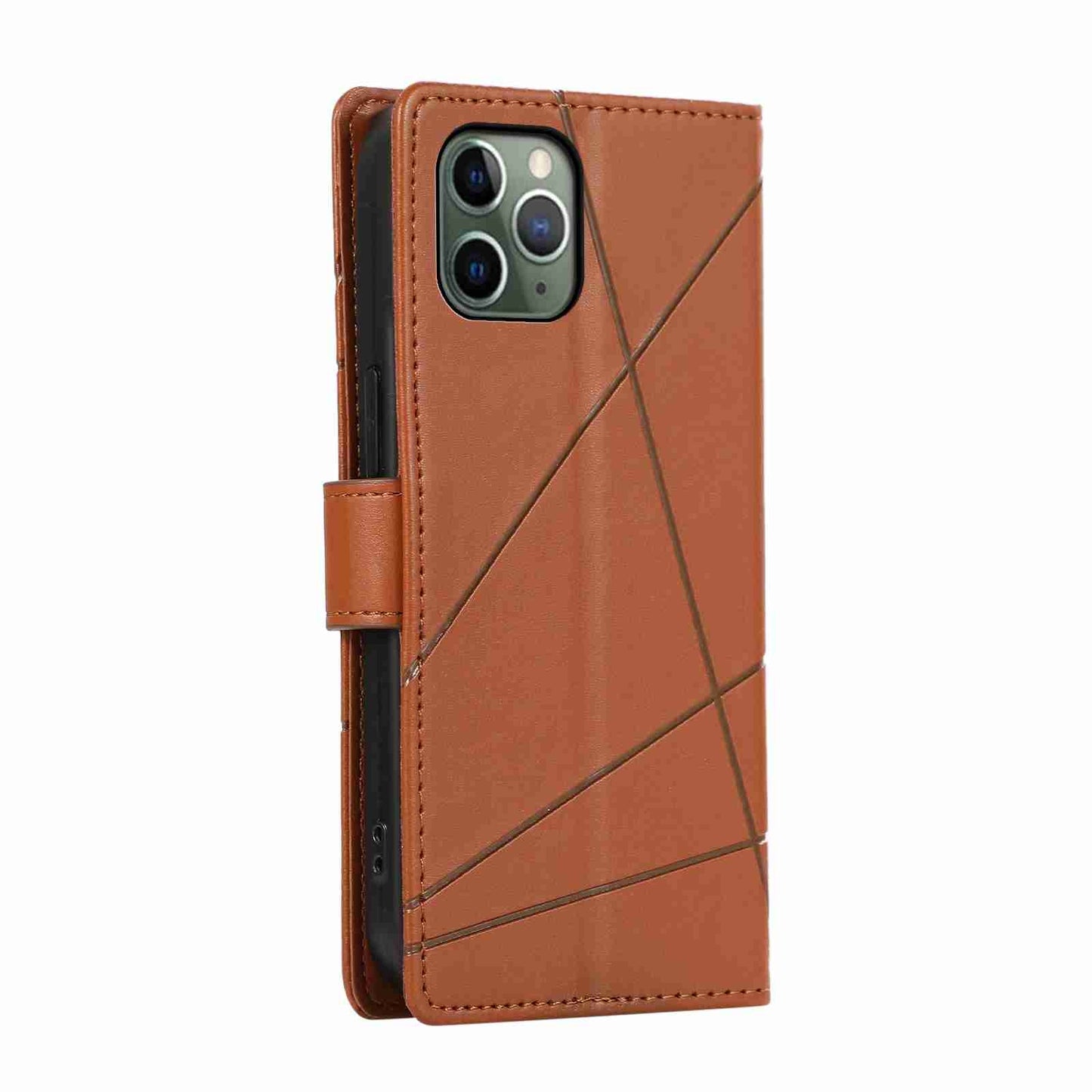 iPhone 11 Pro Max PU Genuine Leather Texture Embossed Line Phone Case with Card Wallet, Kickstand & Wrist Strap