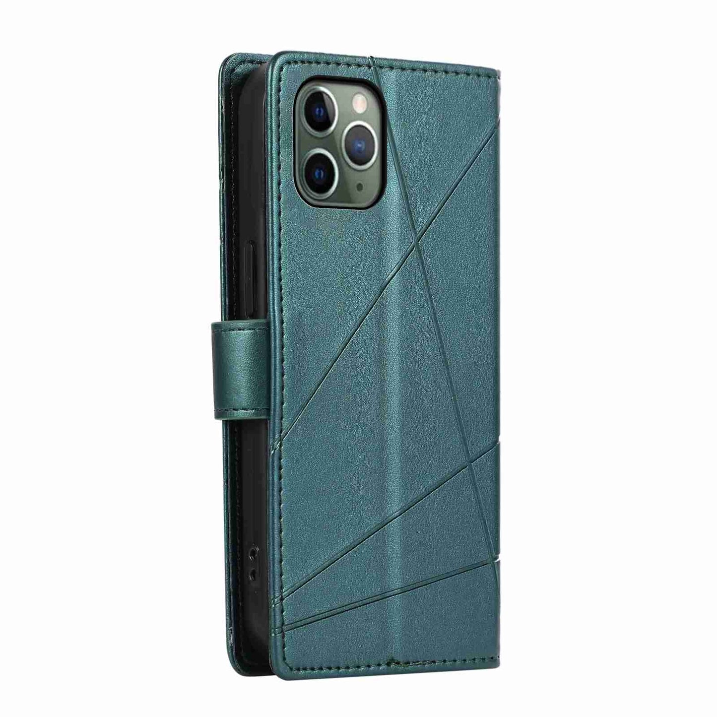 iPhone 11 Pro Max PU Genuine Leather Texture Embossed Line Phone Case with Card Wallet, Kickstand & Wrist Strap