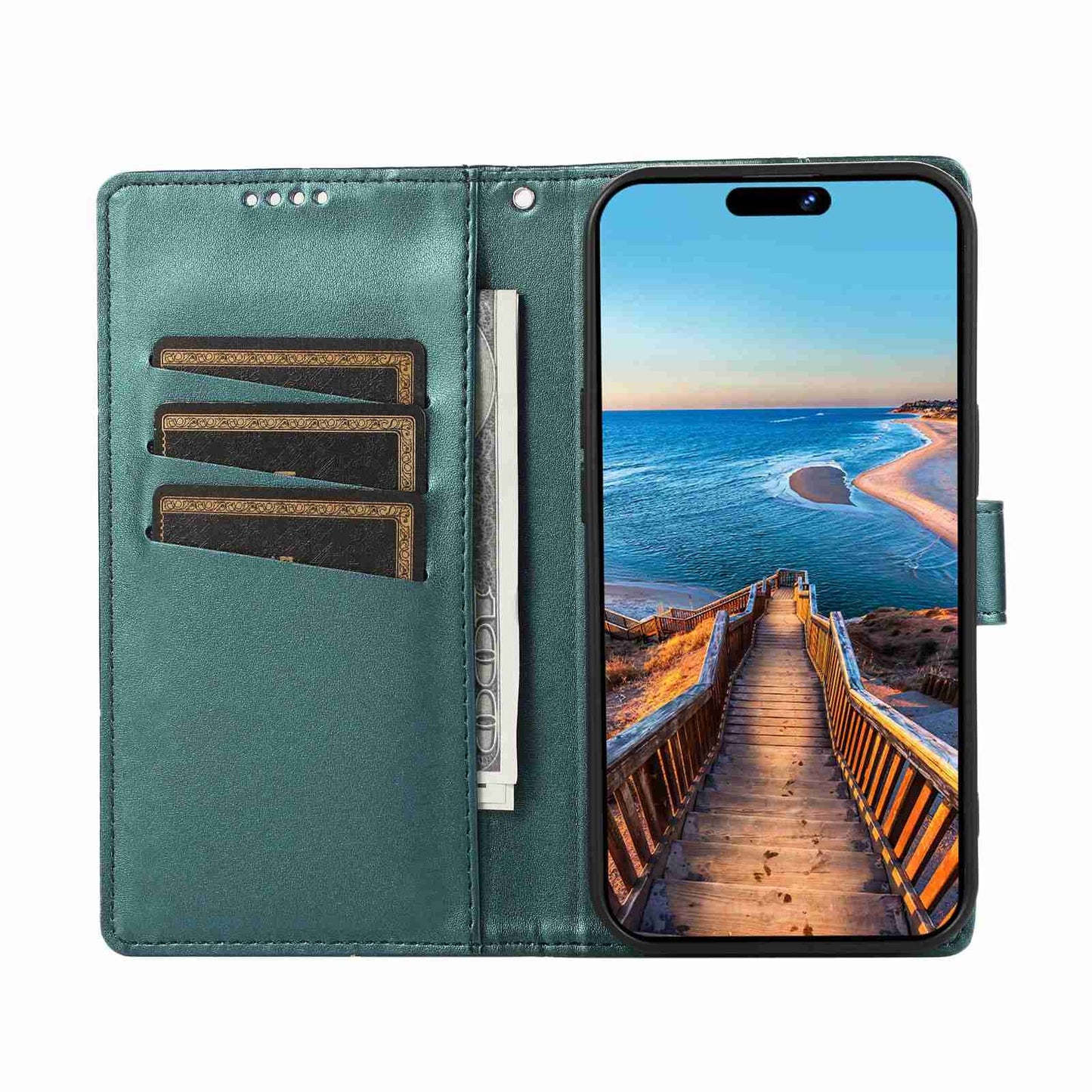 iPhone 11 Pro Max PU Genuine Leather Texture Embossed Line Phone Case with Card Wallet, Kickstand & Wrist Strap