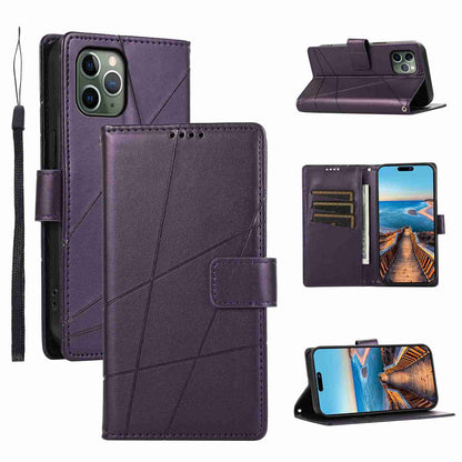 iPhone 11 Pro Max PU Genuine Leather Texture Embossed Line Phone Case with Card Wallet, Kickstand & Wrist Strap