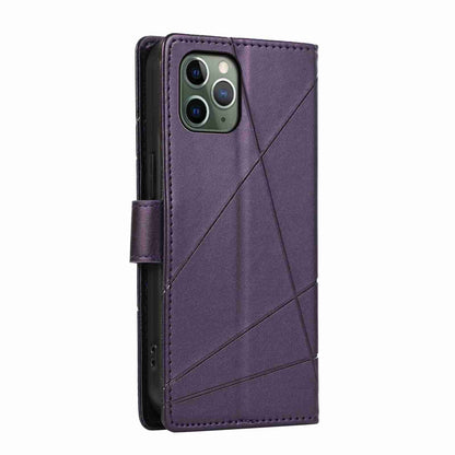 iPhone 11 Pro Max PU Genuine Leather Texture Embossed Line Phone Case with Card Wallet, Kickstand & Wrist Strap