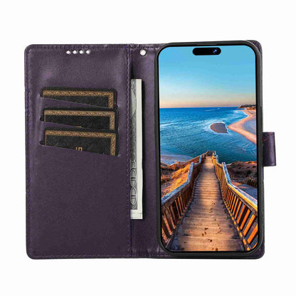 iPhone 11 Pro Max PU Genuine Leather Texture Embossed Line Phone Case with Card Wallet, Kickstand & Wrist Strap