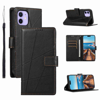 iPhone 12 PU Genuine Leather Texture Embossed Line Phone Case with Card Wallet, Kickstand & Wrist Strap