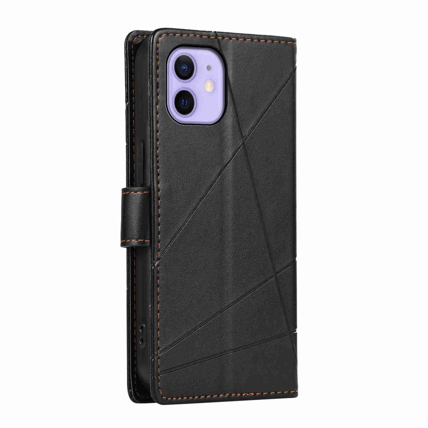 iPhone 12 PU Genuine Leather Texture Embossed Line Phone Case with Card Wallet, Kickstand & Wrist Strap