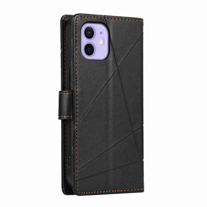 iPhone 12 PU Genuine Leather Texture Embossed Line Phone Case with Card Wallet, Kickstand & Wrist Strap