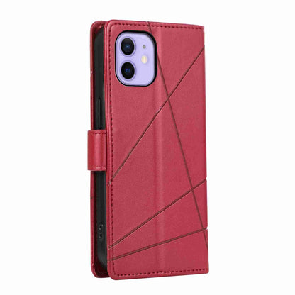 iPhone 12 PU Genuine Leather Texture Embossed Line Phone Case with Card Wallet, Kickstand & Wrist Strap