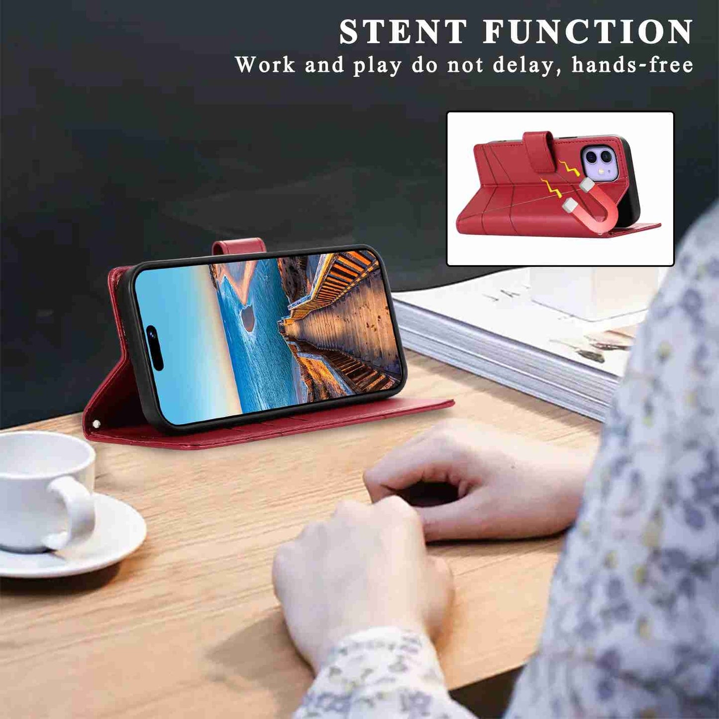 iPhone 12 PU Genuine Leather Texture Embossed Line Phone Case with Card Wallet, Kickstand & Wrist Strap