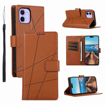 iPhone 12 PU Genuine Leather Texture Embossed Line Phone Case with Card Wallet, Kickstand & Wrist Strap