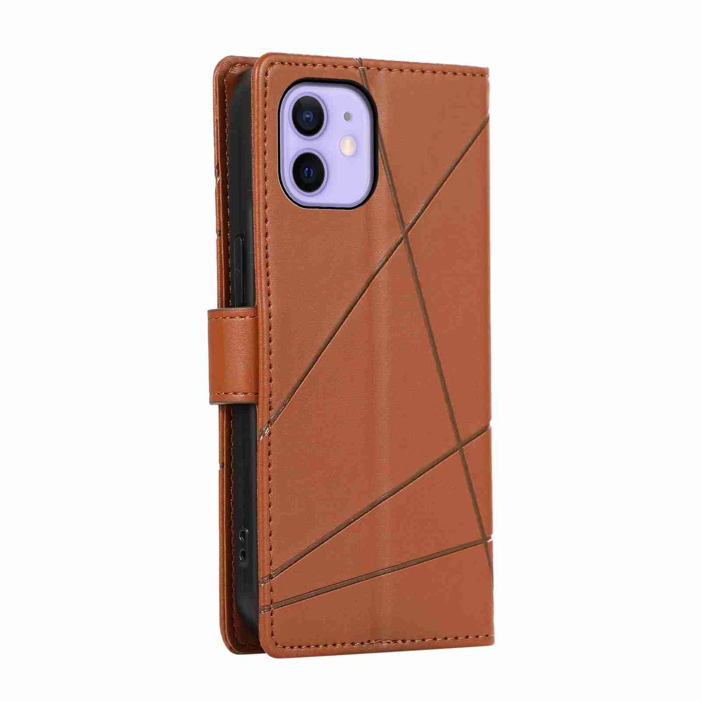 iPhone 12 PU Genuine Leather Texture Embossed Line Phone Case with Card Wallet, Kickstand & Wrist Strap