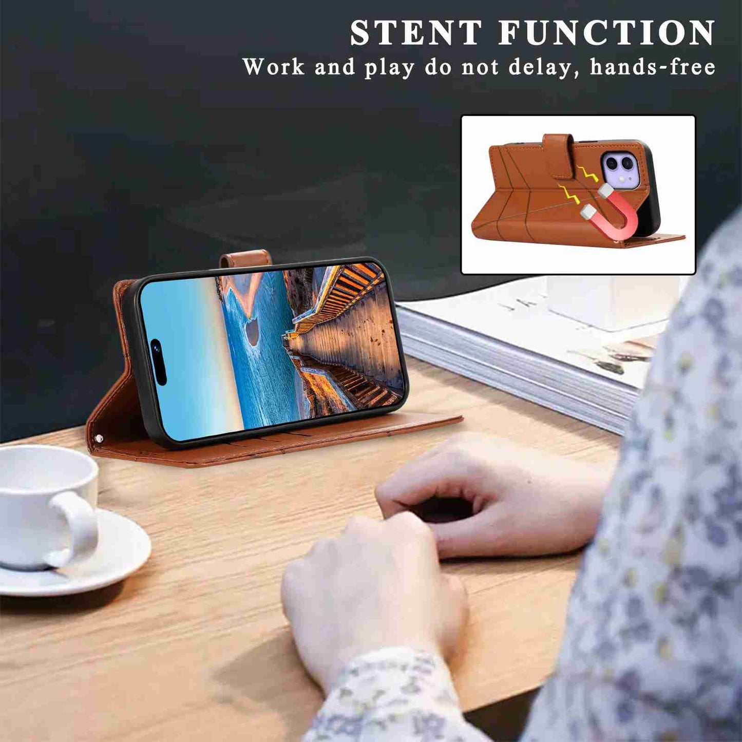 iPhone 12 PU Genuine Leather Texture Embossed Line Phone Case with Card Wallet, Kickstand & Wrist Strap