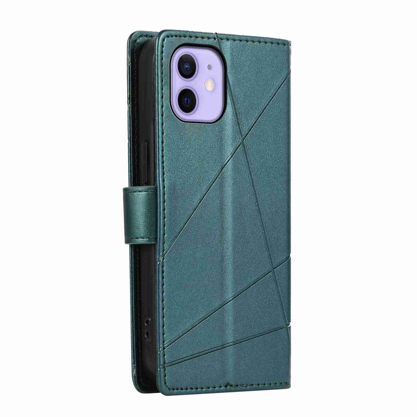 iPhone 12 PU Genuine Leather Texture Embossed Line Phone Case with Card Wallet, Kickstand & Wrist Strap