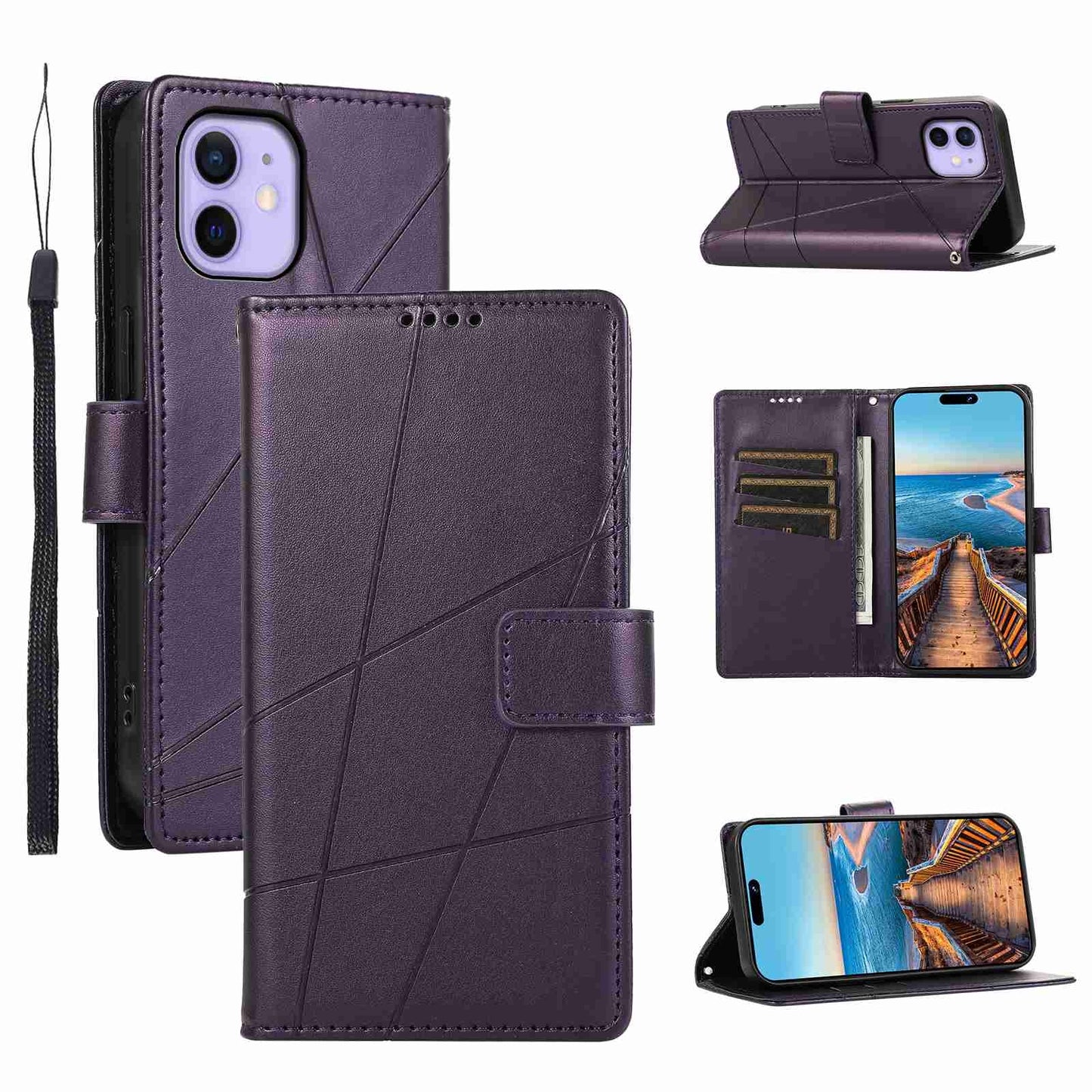 iPhone 12 PU Genuine Leather Texture Embossed Line Phone Case with Card Wallet, Kickstand & Wrist Strap