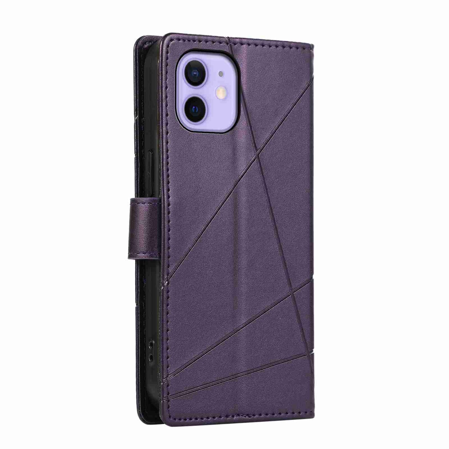 iPhone 12 PU Genuine Leather Texture Embossed Line Phone Case with Card Wallet, Kickstand & Wrist Strap