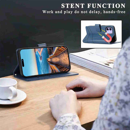 iPhone 12 Mini PU Genuine Leather Texture Embossed Line Phone Case with Card Wallet, Kickstand & Wrist Strap