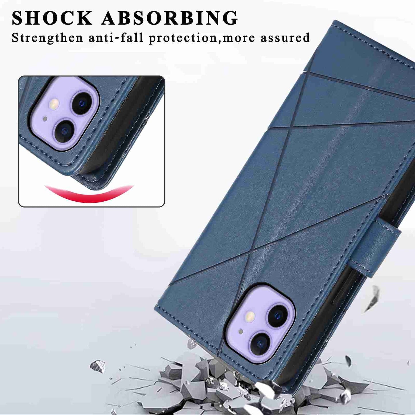 iPhone 12 Mini PU Genuine Leather Texture Embossed Line Phone Case with Card Wallet, Kickstand & Wrist Strap