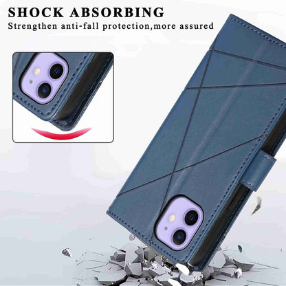 iPhone 12 Mini PU Genuine Leather Texture Embossed Line Phone Case with Card Wallet, Kickstand & Wrist Strap