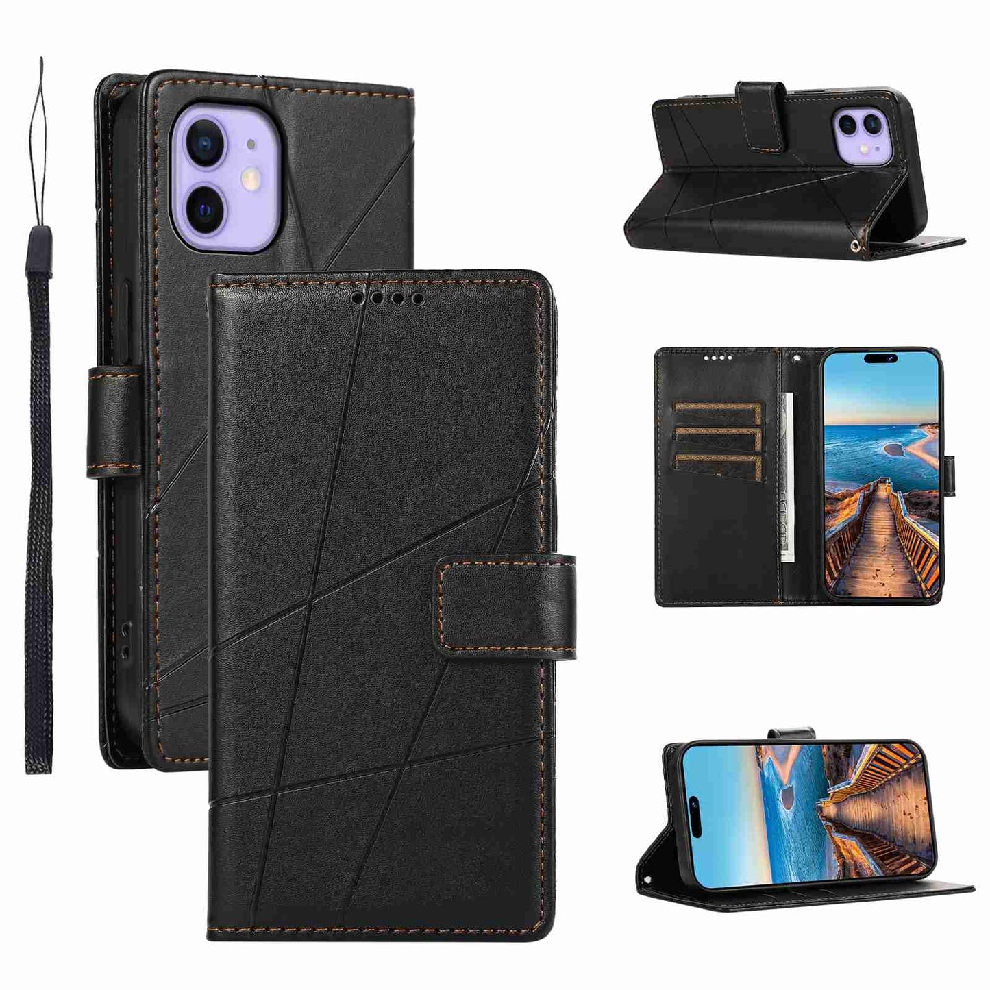 iPhone 12 Mini PU Genuine Leather Texture Embossed Line Phone Case with Card Wallet, Kickstand & Wrist Strap