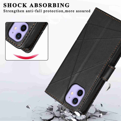 iPhone 12 Mini PU Genuine Leather Texture Embossed Line Phone Case with Card Wallet, Kickstand & Wrist Strap