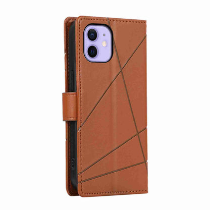 iPhone 12 Mini PU Genuine Leather Texture Embossed Line Phone Case with Card Wallet, Kickstand & Wrist Strap