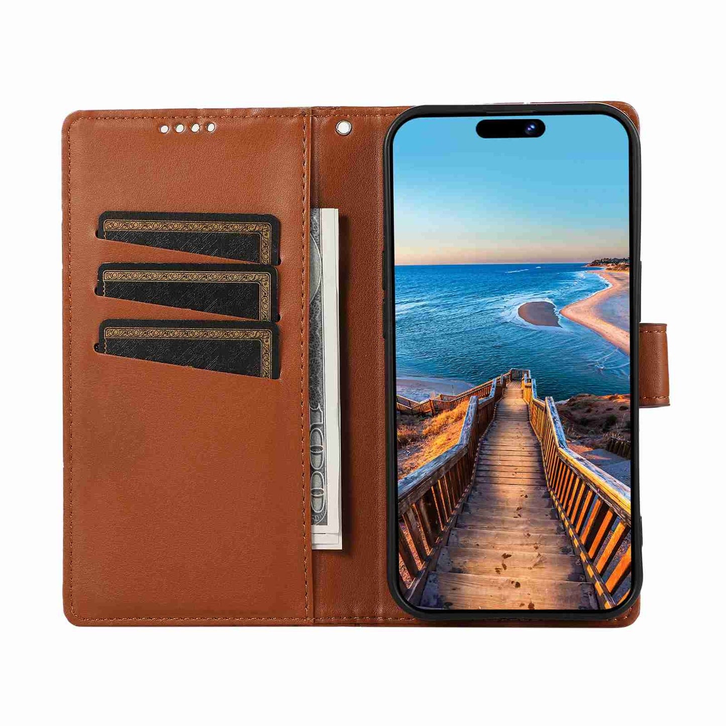 iPhone 12 Mini PU Genuine Leather Texture Embossed Line Phone Case with Card Wallet, Kickstand & Wrist Strap