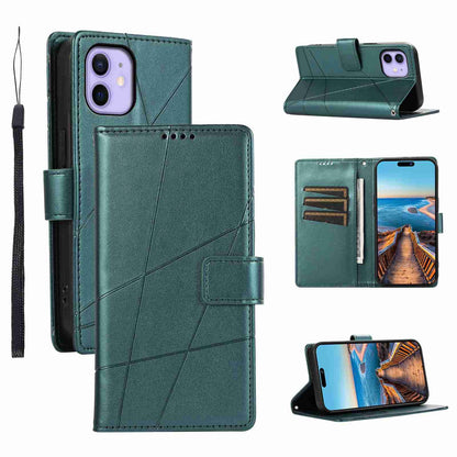 iPhone 12 Mini PU Genuine Leather Texture Embossed Line Phone Case with Card Wallet, Kickstand & Wrist Strap