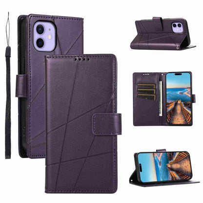 iPhone 12 Mini PU Genuine Leather Texture Embossed Line Phone Case with Card Wallet, Kickstand & Wrist Strap