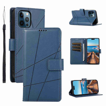 iPhone 12 Pro PU Genuine Leather Texture Embossed Line Phone Case with Card Wallet, Kickstand & Wrist Strap