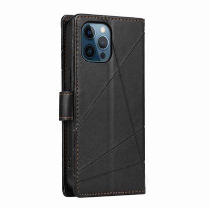 iPhone 12 Pro PU Genuine Leather Texture Embossed Line Phone Case with Card Wallet, Kickstand & Wrist Strap