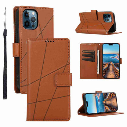 iPhone 12 Pro PU Genuine Leather Texture Embossed Line Phone Case with Card Wallet, Kickstand & Wrist Strap