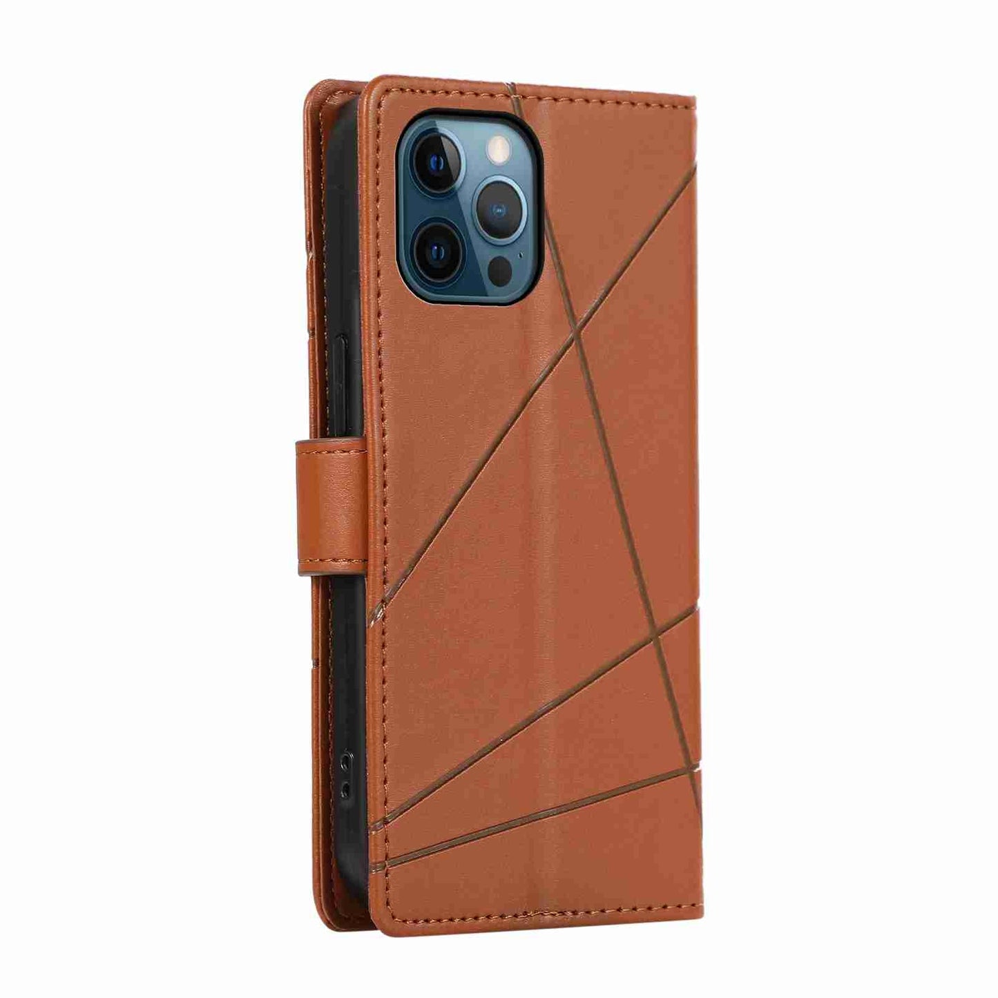 iPhone 12 Pro PU Genuine Leather Texture Embossed Line Phone Case with Card Wallet, Kickstand & Wrist Strap