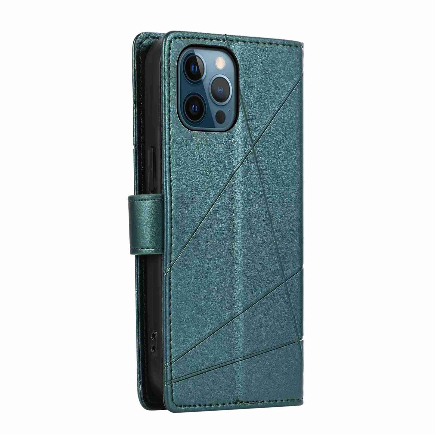 iPhone 12 Pro PU Genuine Leather Texture Embossed Line Phone Case with Card Wallet, Kickstand & Wrist Strap