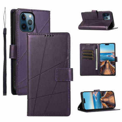 iPhone 12 Pro PU Genuine Leather Texture Embossed Line Phone Case with Card Wallet, Kickstand & Wrist Strap