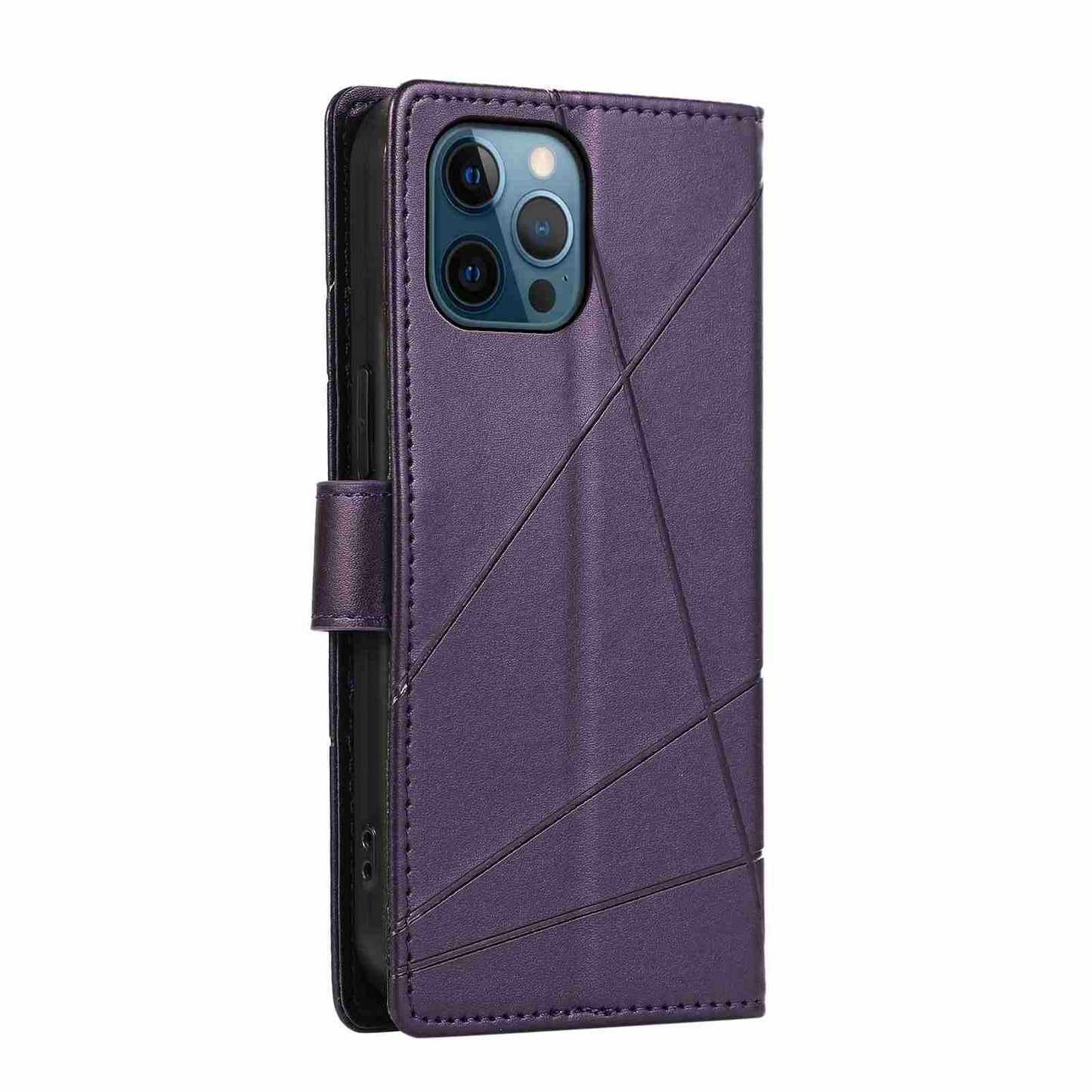 iPhone 12 Pro PU Genuine Leather Texture Embossed Line Phone Case with Card Wallet, Kickstand & Wrist Strap