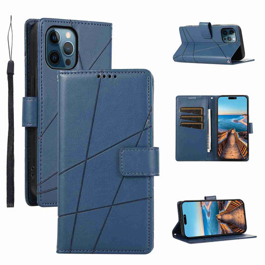 iPhone 12 Pro Max PU Genuine Leather Texture Embossed Line Phone Case with Card Wallet, Kickstand & Wrist Strap