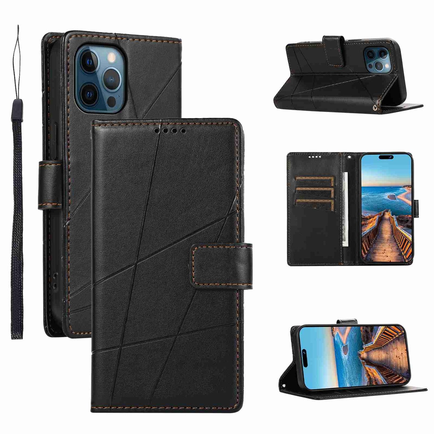 iPhone 12 Pro Max PU Genuine Leather Texture Embossed Line Phone Case with Card Wallet, Kickstand & Wrist Strap