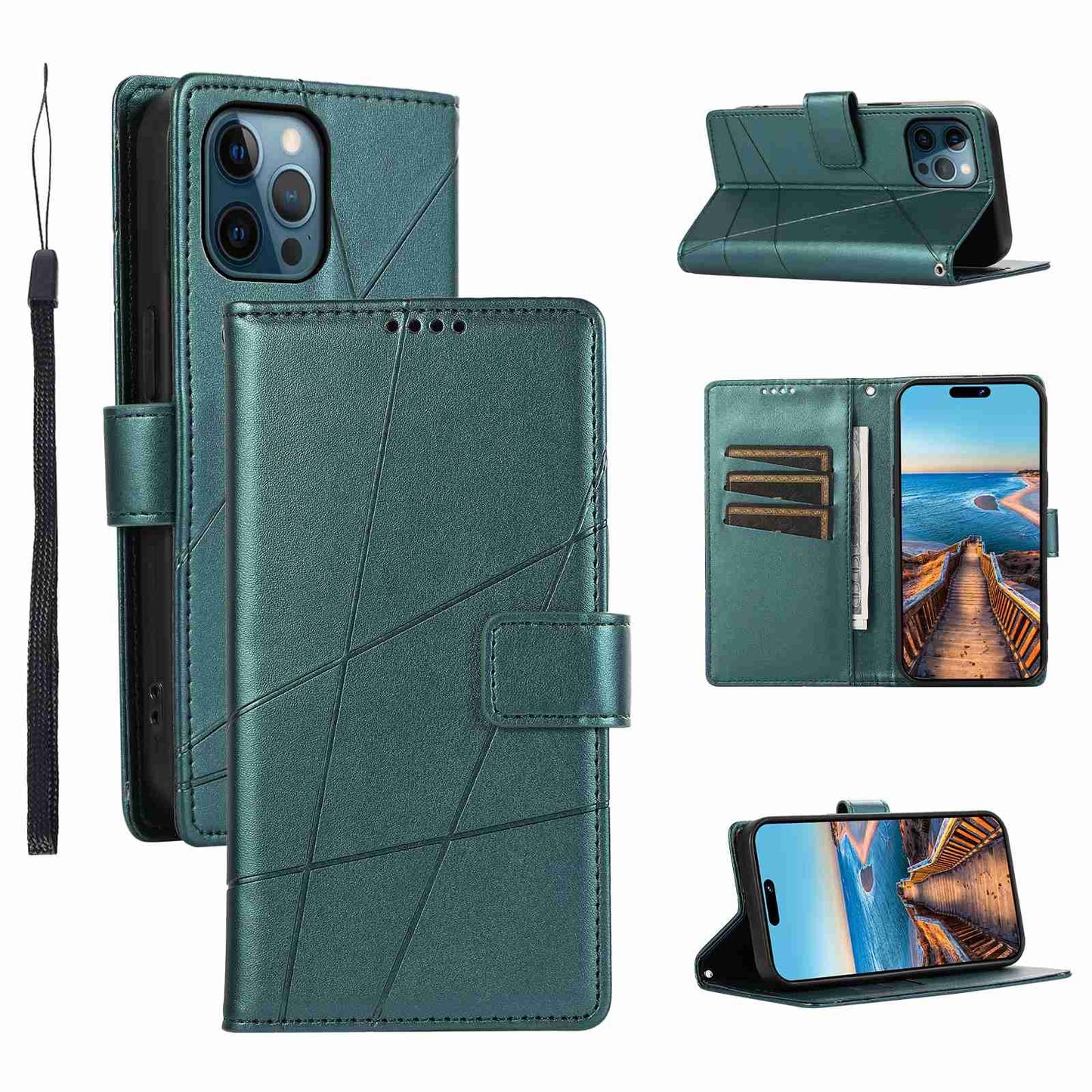 iPhone 12 Pro Max PU Genuine Leather Texture Embossed Line Phone Case with Card Wallet, Kickstand & Wrist Strap