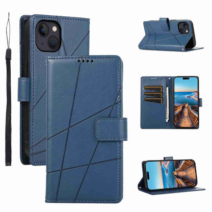 iPhone 13 PU Genuine Leather Texture Embossed Line Phone Case with Card Wallet, Kickstand & Wrist Strap