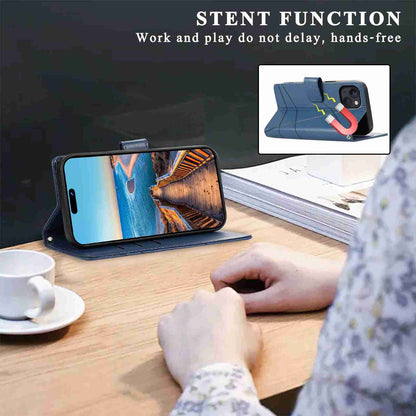 iPhone 13 PU Genuine Leather Texture Embossed Line Phone Case with Card Wallet, Kickstand & Wrist Strap