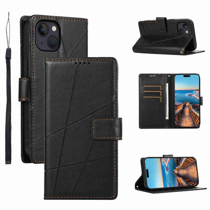 iPhone 13 PU Genuine Leather Texture Embossed Line Phone Case with Card Wallet, Kickstand & Wrist Strap