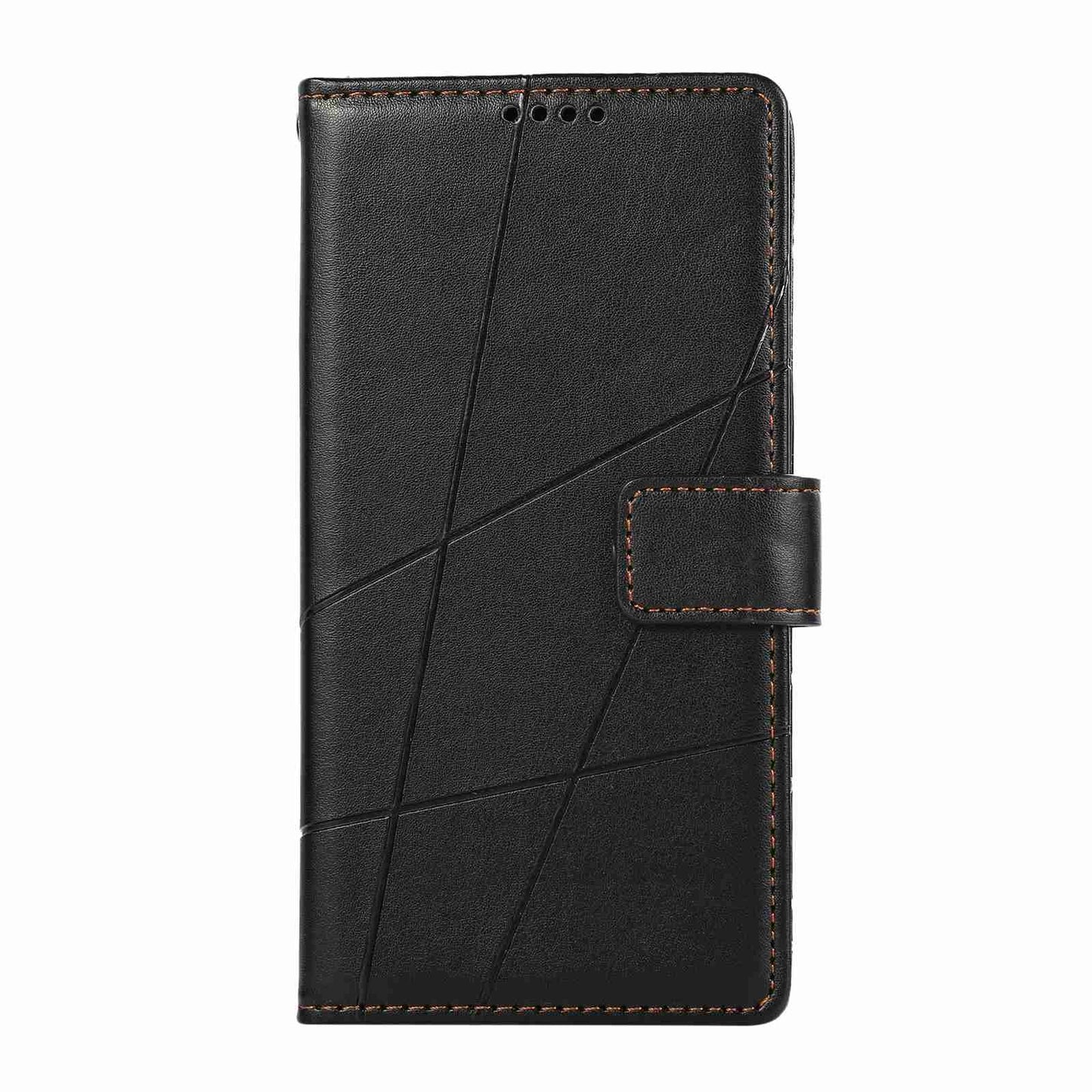 iPhone 13 PU Genuine Leather Texture Embossed Line Phone Case with Card Wallet, Kickstand & Wrist Strap