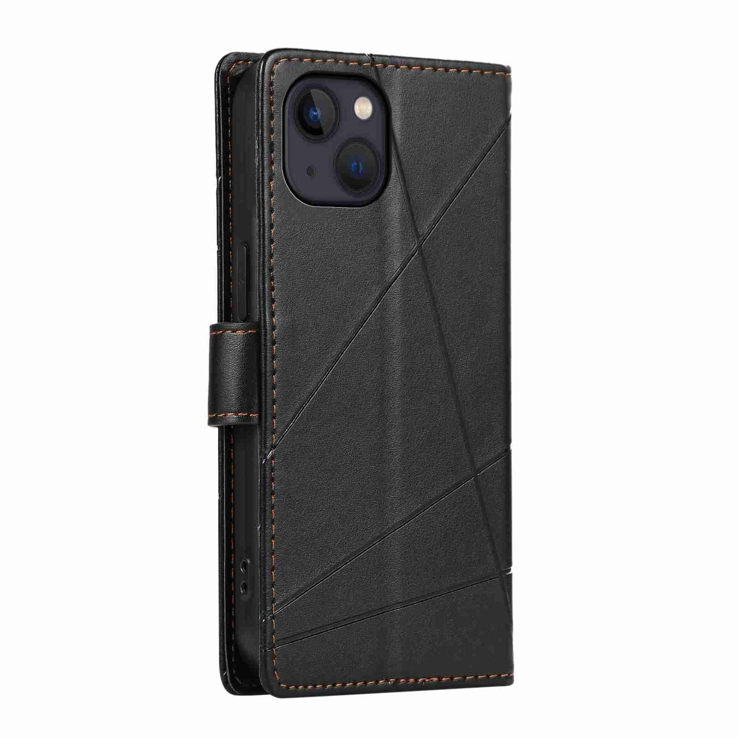 iPhone 13 PU Genuine Leather Texture Embossed Line Phone Case with Card Wallet, Kickstand & Wrist Strap