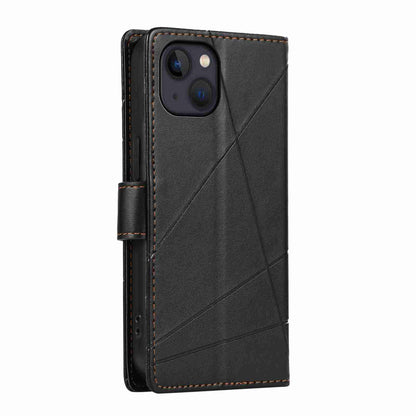 iPhone 13 PU Genuine Leather Texture Embossed Line Phone Case with Card Wallet, Kickstand & Wrist Strap