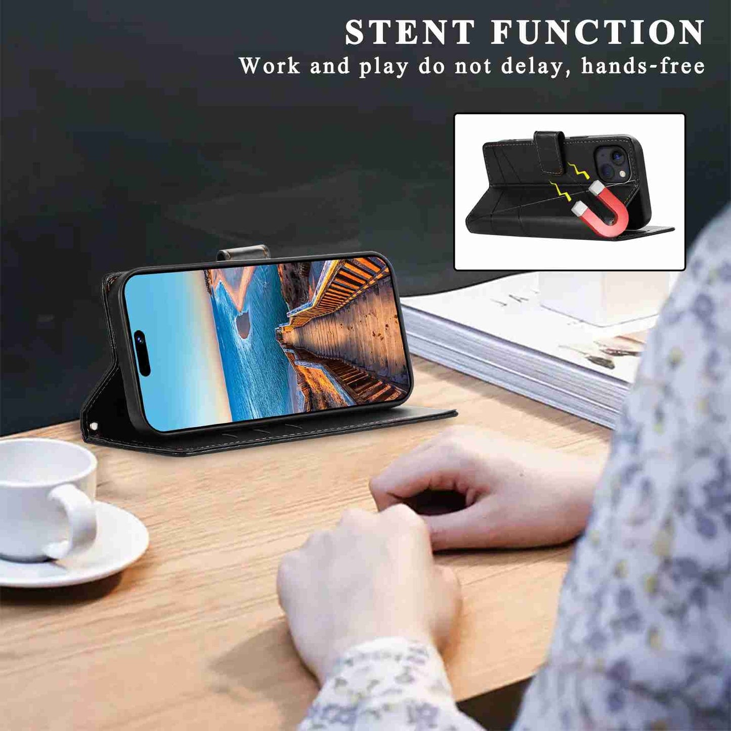 iPhone 13 PU Genuine Leather Texture Embossed Line Phone Case with Card Wallet, Kickstand & Wrist Strap