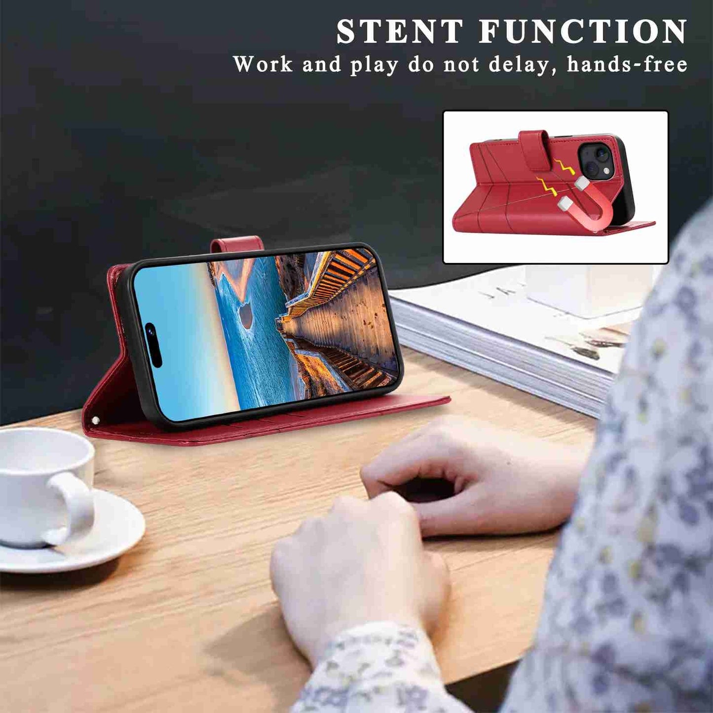 iPhone 13 PU Genuine Leather Texture Embossed Line Phone Case with Card Wallet, Kickstand & Wrist Strap