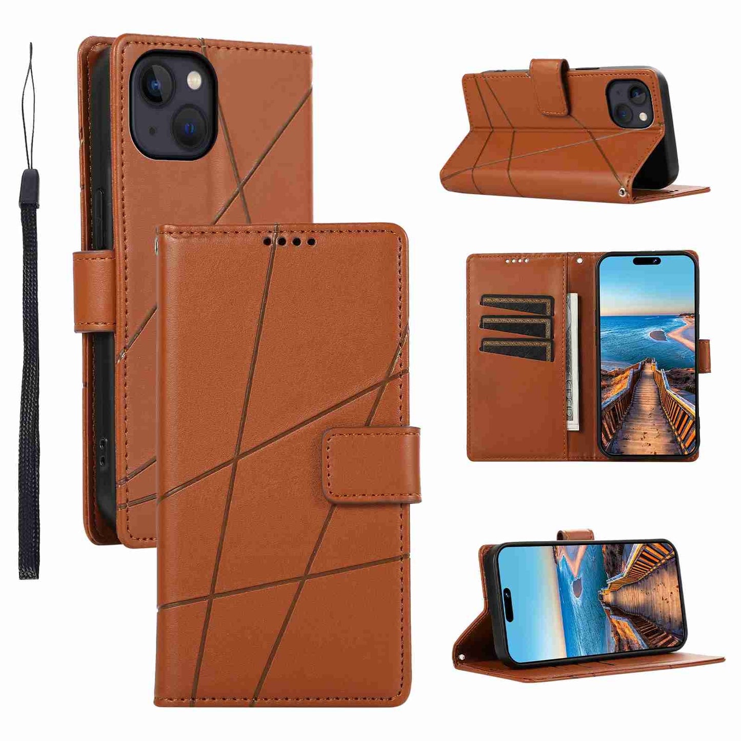 iPhone 13 PU Genuine Leather Texture Embossed Line Phone Case with Card Wallet, Kickstand & Wrist Strap