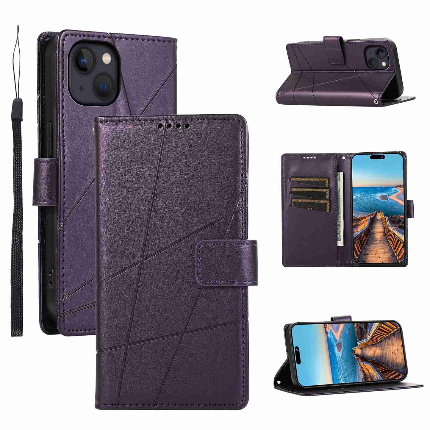 iPhone 13 PU Genuine Leather Texture Embossed Line Phone Case with Card Wallet, Kickstand & Wrist Strap