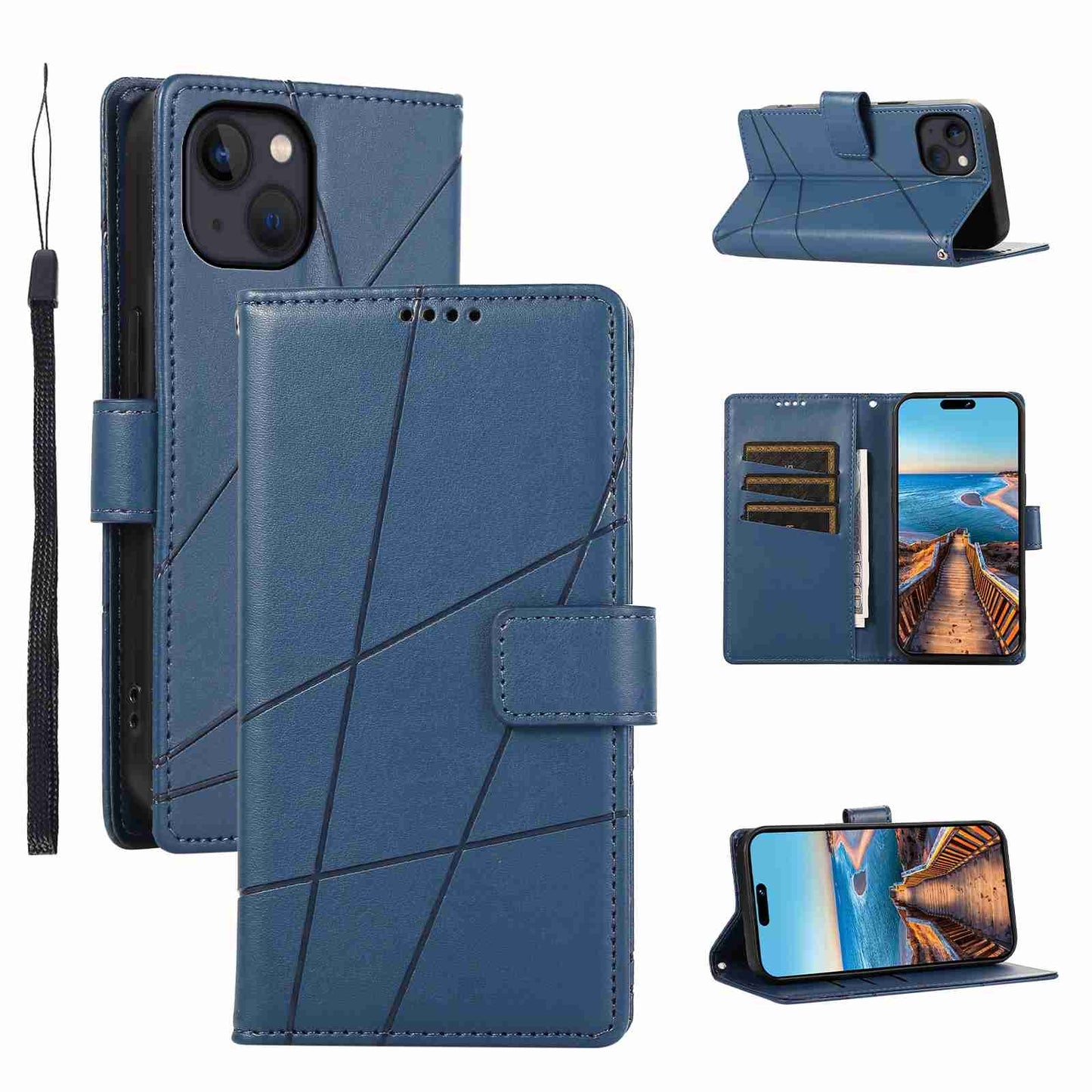 iPhone 13 Mini PU Genuine Leather Texture Embossed Line Phone Case with Card Wallet, Kickstand & Wrist Strap