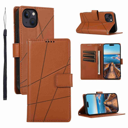 iPhone 13 Mini PU Genuine Leather Texture Embossed Line Phone Case with Card Wallet, Kickstand & Wrist Strap